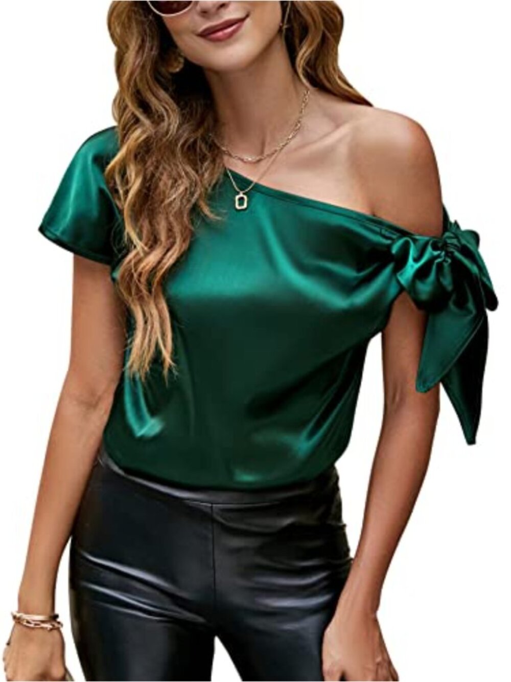 Satin Off Shoulder Short Sleeve Blouse Knot Bow Office Tunic Top